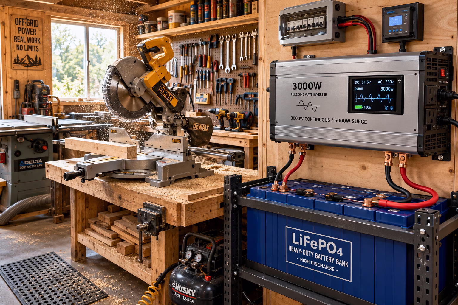 Solar powered workshop shed interior with tools
